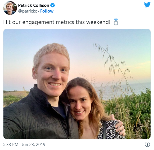 Collison 和 Konermann 订婚时的一张照片 图片来源：Patrick Collison