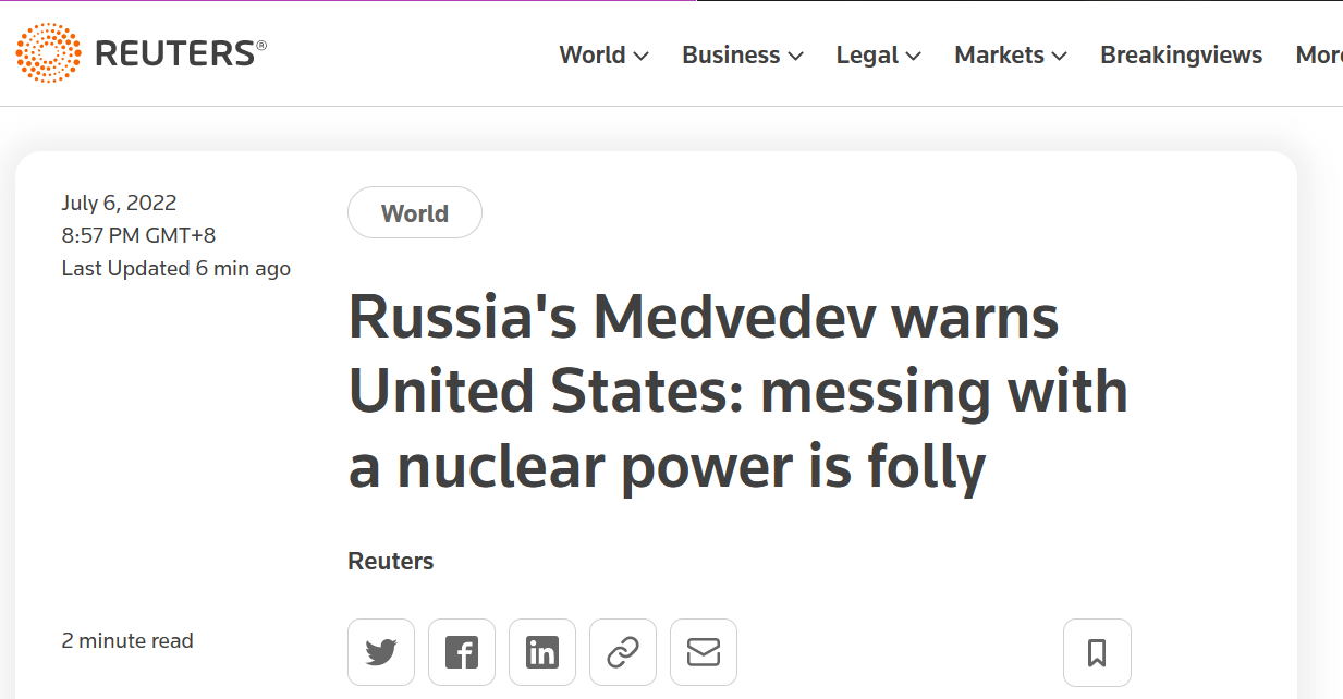 梅德韦杰夫警告美国：惩罚核大国俄罗斯可能危及全人类！