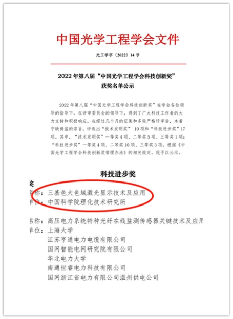 　　“真激光”荣获中国光学工程学会科技进步奖一等奖