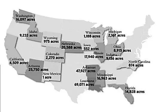 比尔·盖茨在美国各州持有的土地面积