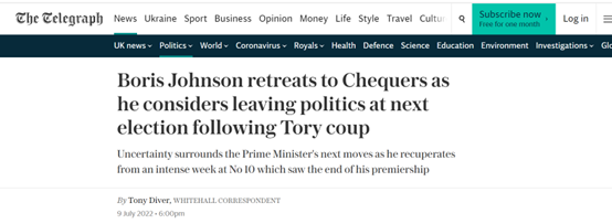 英媒爆：英国首相约翰逊辞职后正考虑彻底退出政坛
