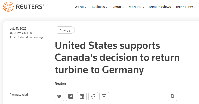乌克兰反对后，美国务院表态：支持加拿大将“北溪