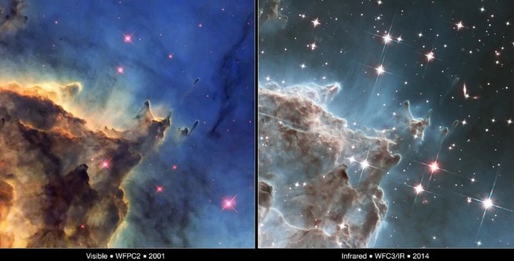 ▲ 哈勃观测猴头星云的可见光（左）和红外视图（右）. 图片来自：NASA and ESA