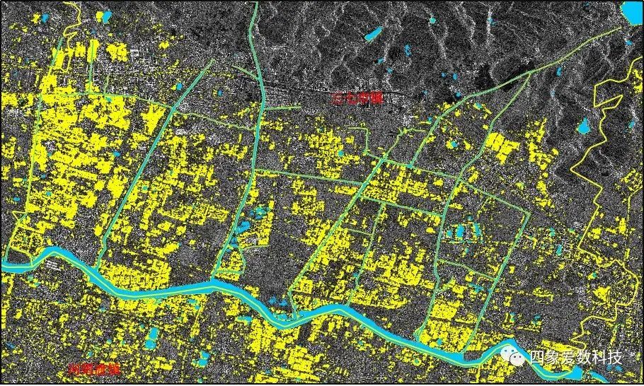 2021 年 7 月 11 日-26 日，余姚市三七市镇地区的水体变化图（黄色为新增水体部分）