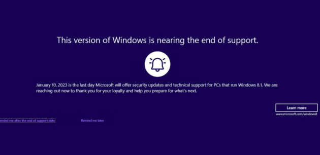 微软已发出提醒：2023年后将不再支持Windows 8.1