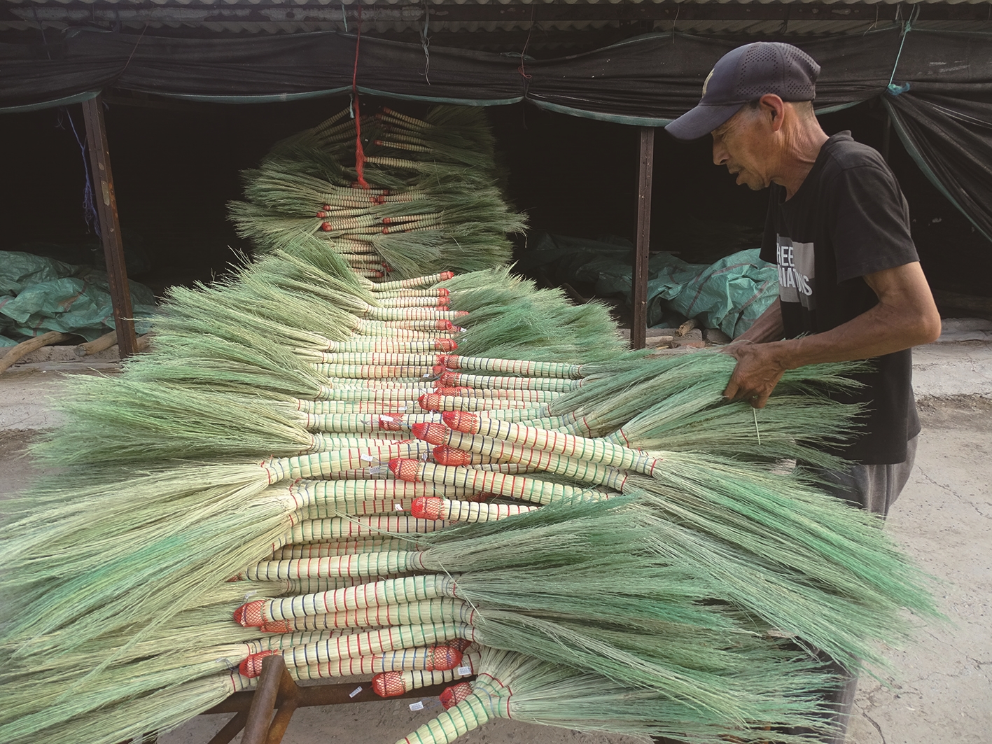 图①合元笤帚加工厂工人正在进行产品入库.