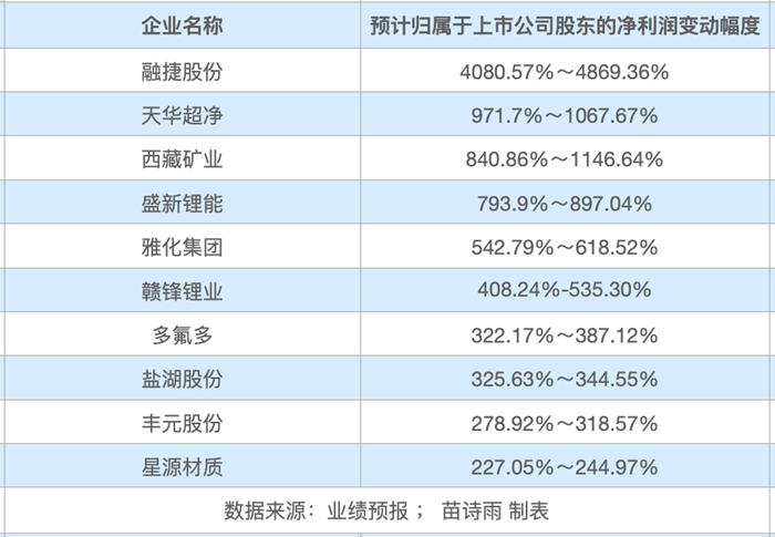 （部分锂矿相关企业业绩增长情况；苗诗雨 制表）