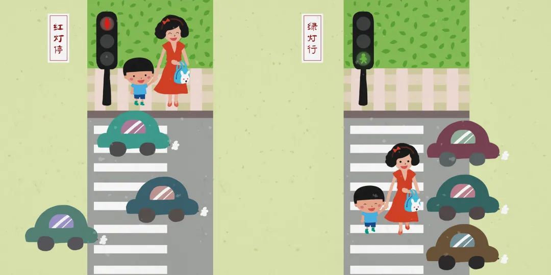 教会孩子交通安全知识,过马路走斑马线,遵守"红灯停,绿灯行"交通规则