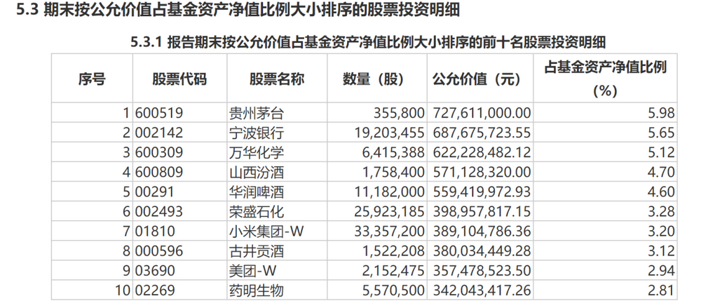 鹏华匠心精选2022年二季度末前十大重仓股