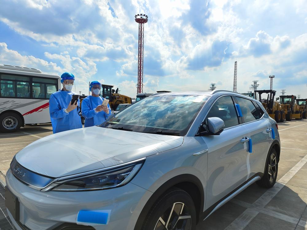 外港海关对出口比亚迪新能源车进行监管.(朱雯 摄)