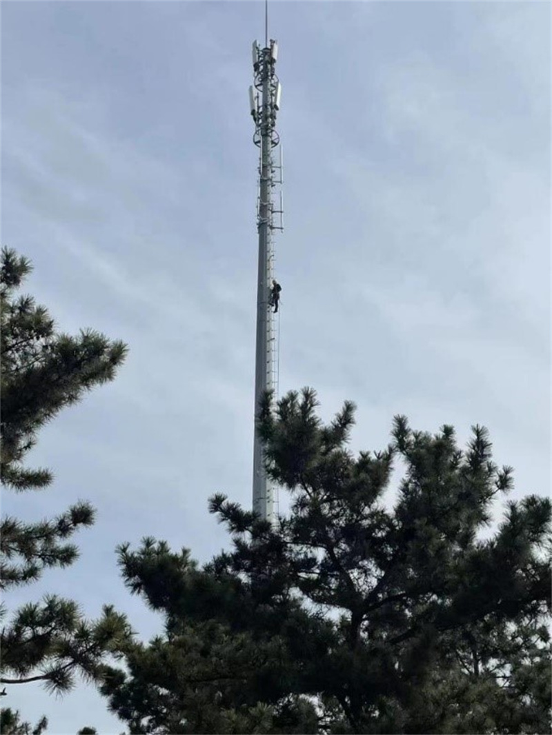 山东分公司网络维护中心的王晓伟在进行高空作业40米高的移动信号塔上