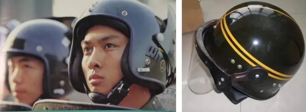 ▲ 左图为20世纪80年代装备的防暴盔；右图为90年代中期装备的防暴盔