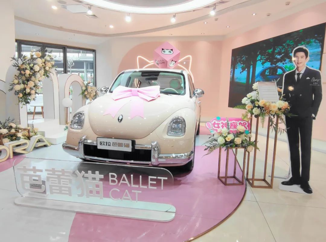 欧拉"芭蕾猫"汽车 摄/ 邓雨洁一台戴着蝴蝶结,被簇拥在粉白玫瑰中的