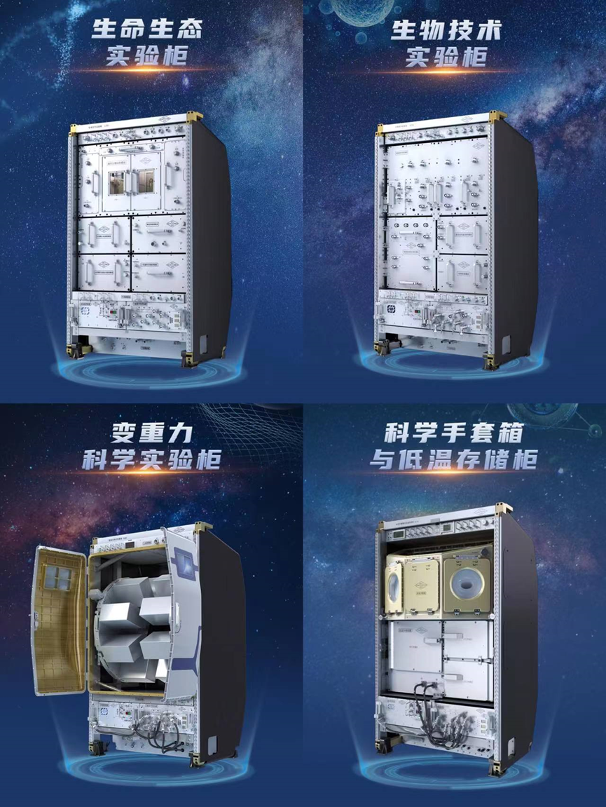 问天实验舱内的4个科学实验柜。（中国载人航天工程办公室、中国科学院供图）