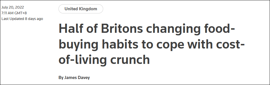 路透社：为应对生活成本危机，近半数英国人正调整自己的食品购买习惯
