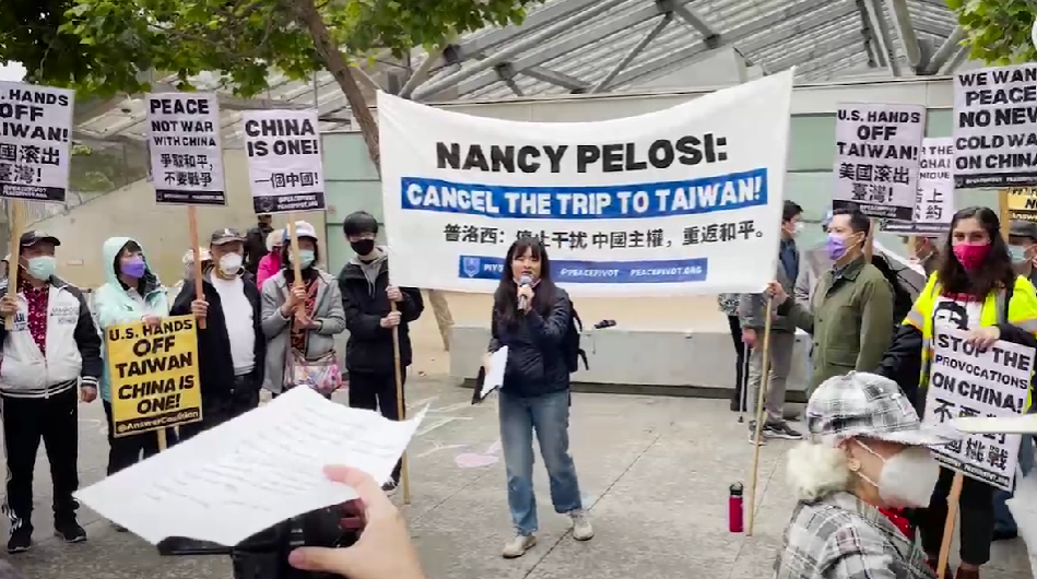 美华裔抗议"佩洛西欲窜访台湾"：手持"一个中国"标语
