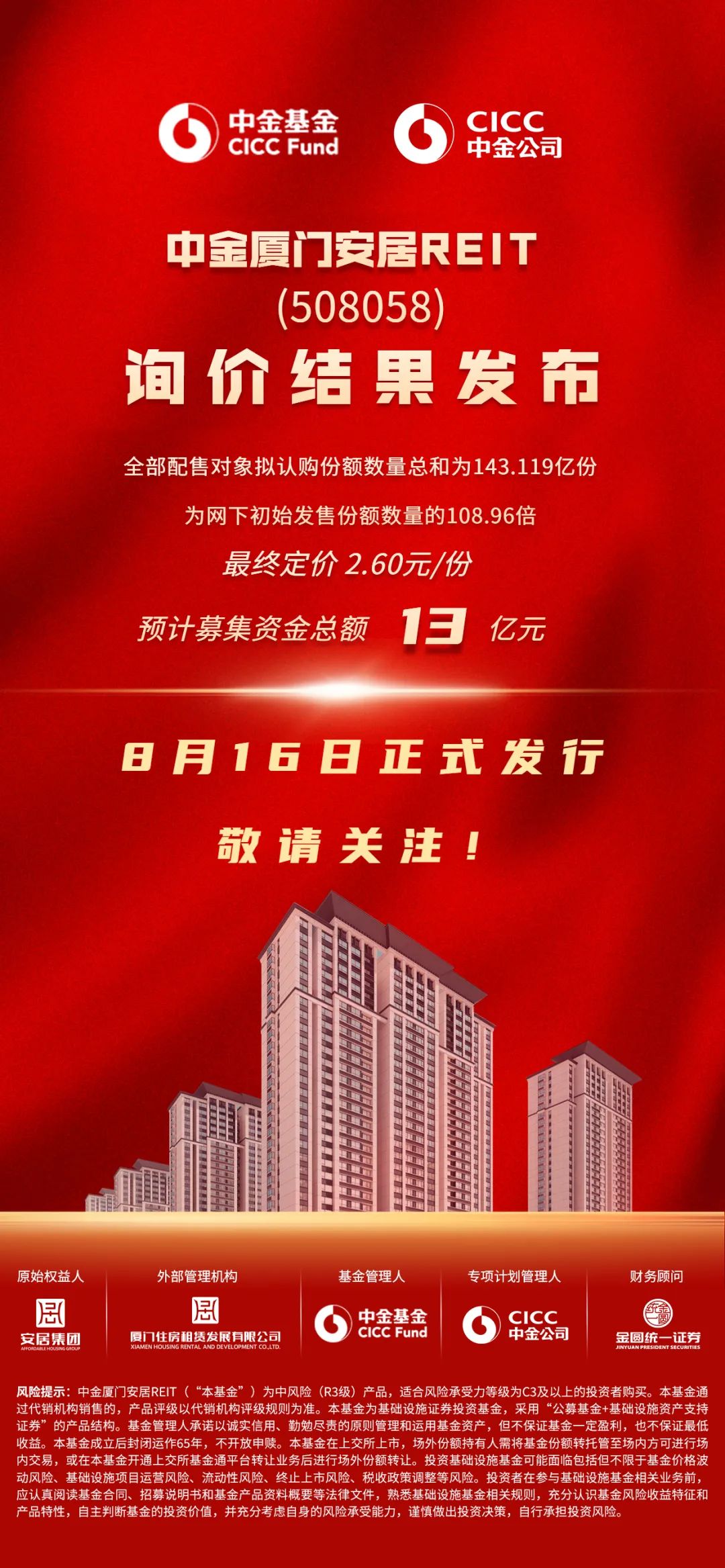 “中金厦门安居REIT询价结果发布 | 8月16日正式发售，敬请关注！