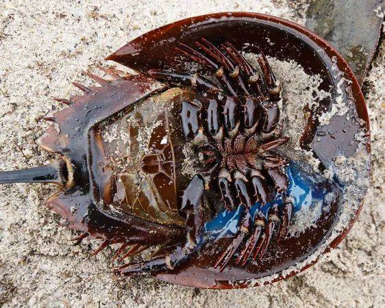 一只受伤的鲎流出蓝色血液.图片来源:paul nguyen