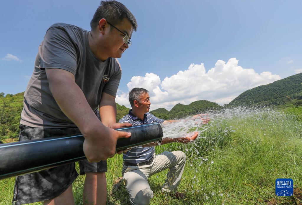 在贵州省铜仁市玉屏侗族自治县朱家场镇长华村,村民抽水灌溉农田