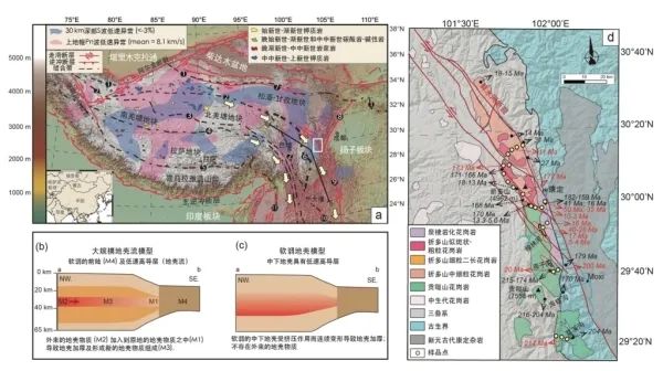 图1 青藏高原与贡嘎山折多山地质简图以及模型概念图。图中黄色箭头指示潜在地壳流的移动方向