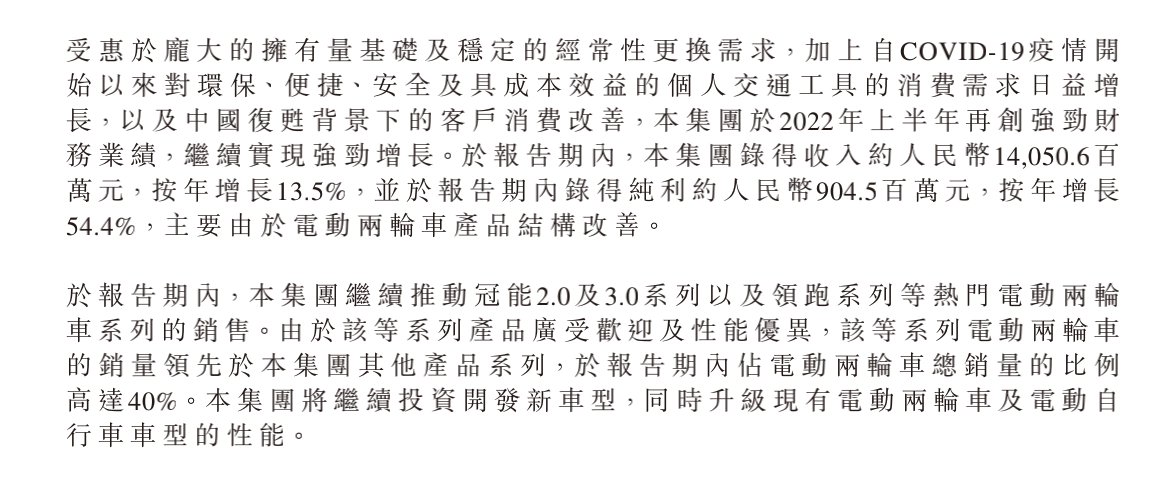 　　(雅迪2022年中期业绩公报：冠能系列产品销量占比提升显著)