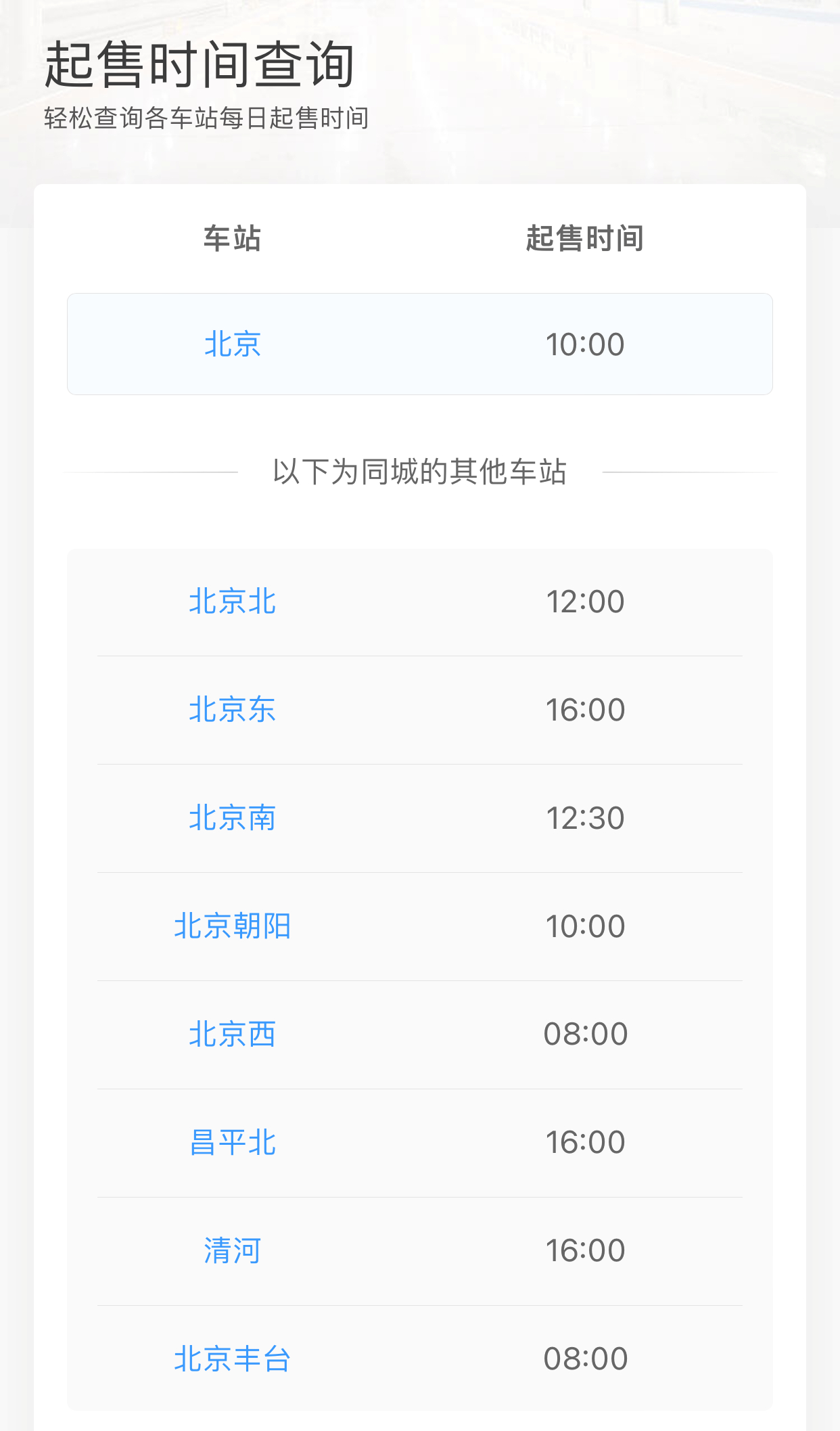 北京各大车站起售时间。图源：12306网站