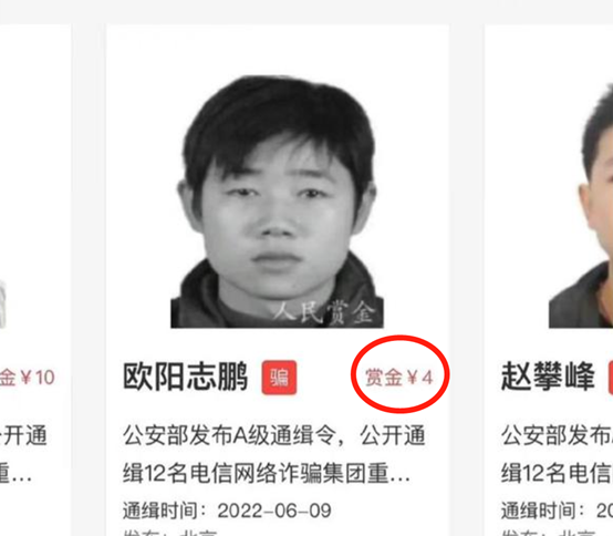 网传的一张截图显示,一名犯罪嫌疑人欧阳志鹏的通缉悬赏金额仅有4元.