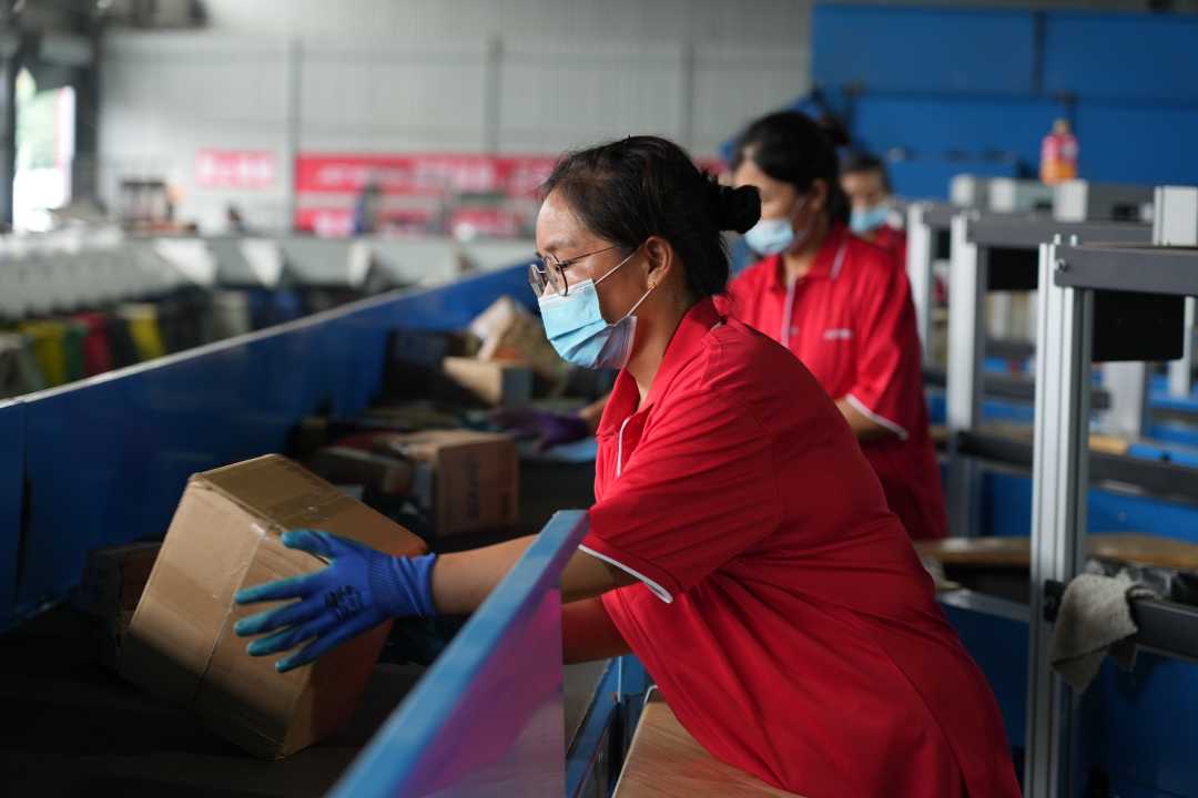 在河北省邢台市龙岗快递物流园,分拣员正在分拣包裹.张明明摄