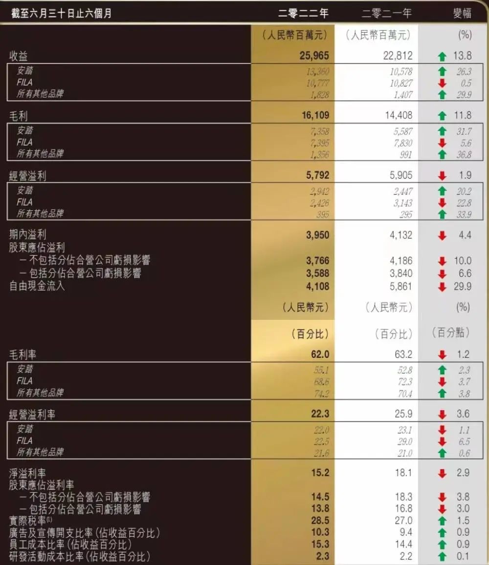 安踏2022上半年财务概况 来源 / 财报