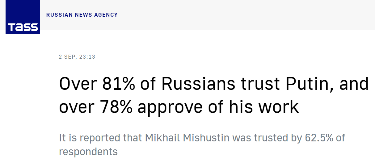 塔斯社：超过81%的俄罗斯受访者信任普京，超过78%的受访者认可他的工作