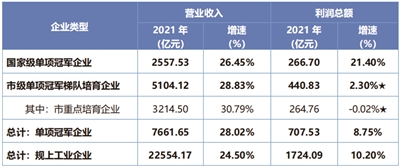 2021年宁波单项冠军企业营业收入、利润总额表