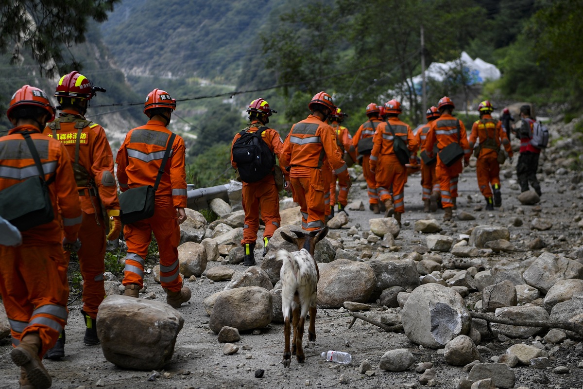 9月6日，磨西镇咱地村最后一位被困群众被武警官兵和森林消防转移救出，村民的山羊也随同一起被转移。（杨树 摄）