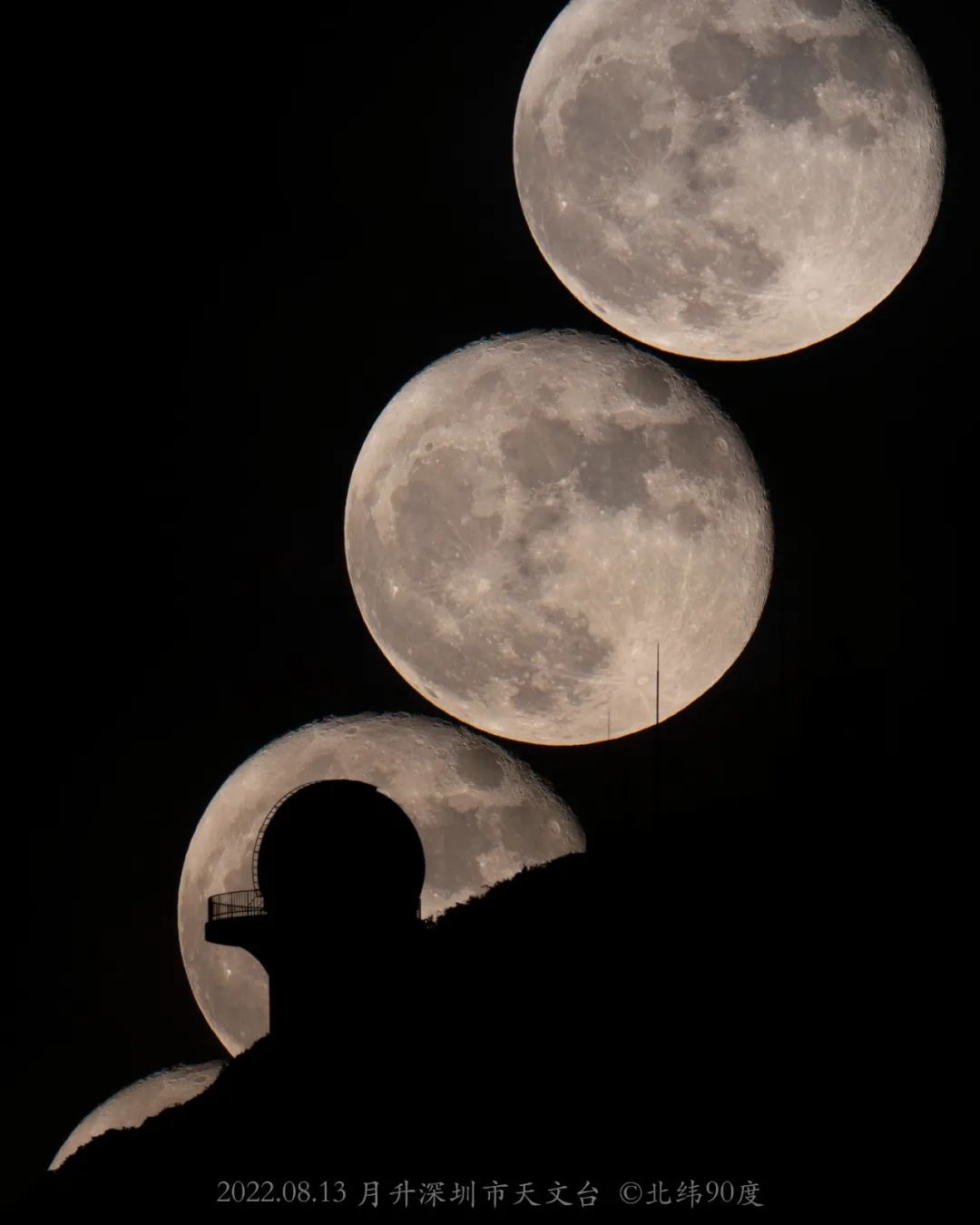8月13日拍摄到的天文台和月升画面(600mm镜头,相机开半幅拍摄) 深圳市