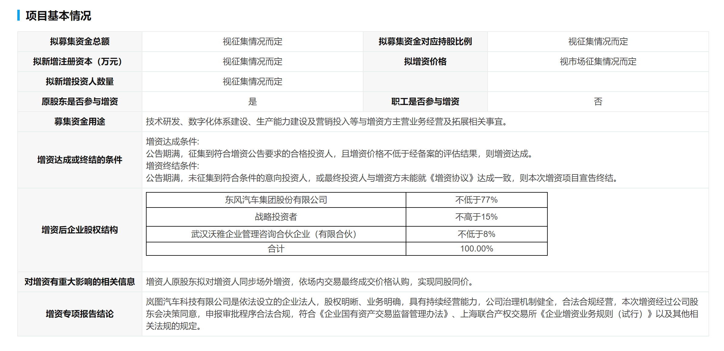 岚图汽车科技有限公司增资项目介绍。图/上海联合产权交易所官网截图