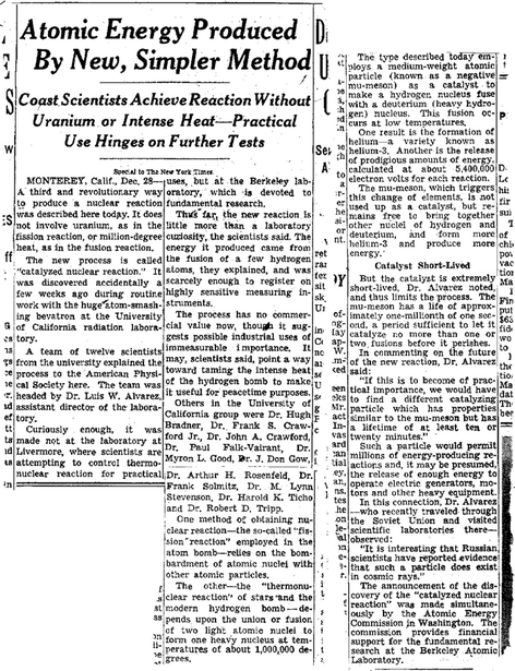 图 1956年12月29日《纽约时报》剪报，报道了实验中发现缪子催化的氢同位素聚变的消息。图源| 《纽约时报》