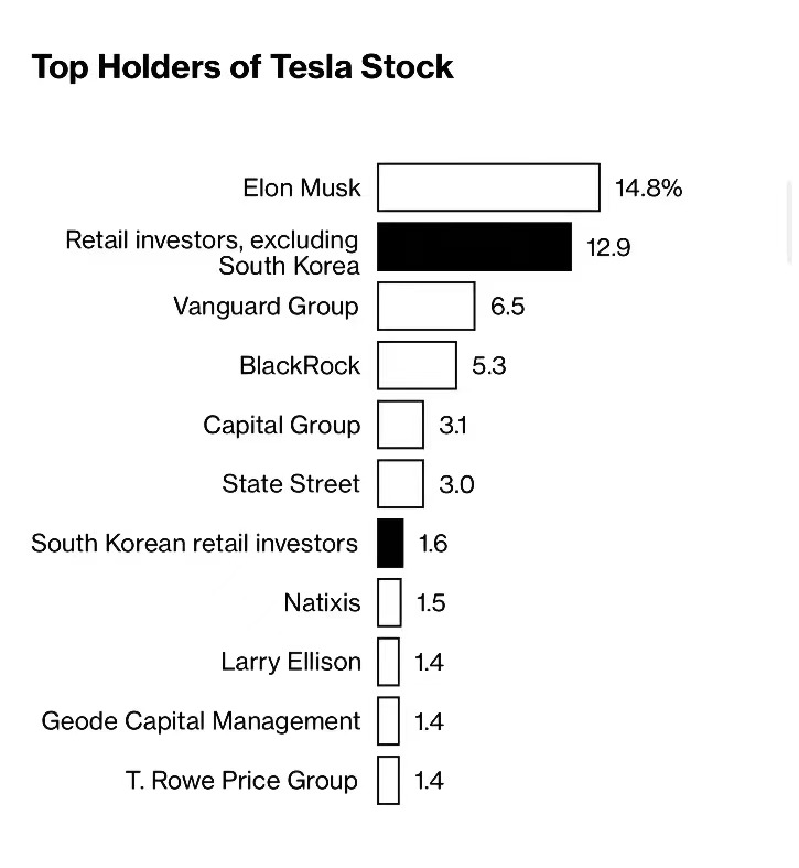 特斯拉「大股東」們的持股比例（圖源：社交媒體）