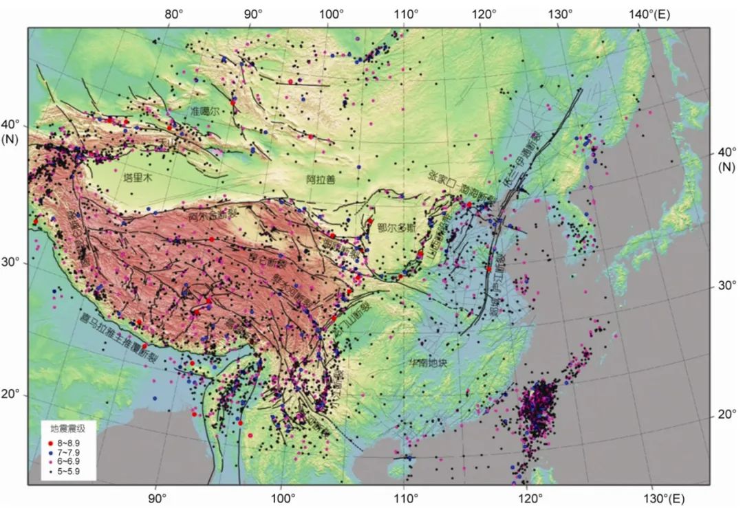 &nbsp;我国的主要断裂带分布(张培震等,2013,中国科学-地球科学)
