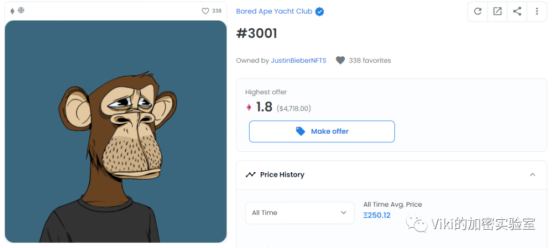 　　贾斯汀·比伯曾以500ETH(约合人民币800万)购入无聊猿数字头像