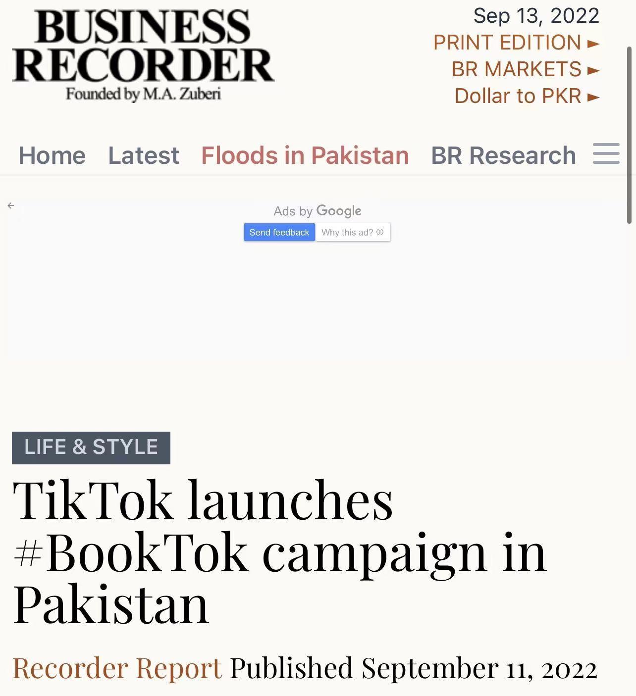 　　巴基斯坦媒体《商业纪事报》报道TikTok在巴基斯坦发起BookTok活动