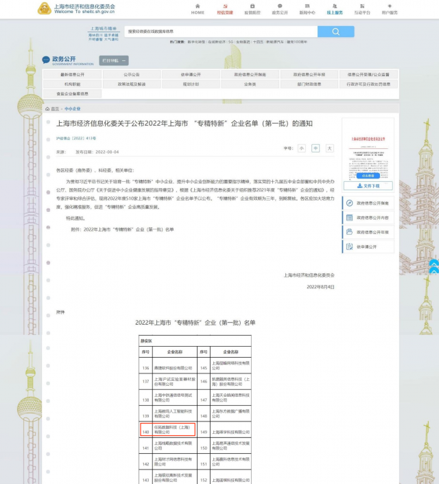 　　图片来源于《上海市经济信息化委关于公布2022年上海市“专精特新”企业名单(第一批)的通知》