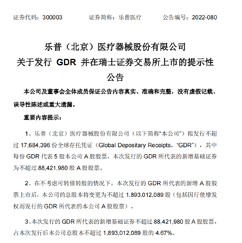 图为乐普医疗发行GDR并在瑞交所上市的提示性公告