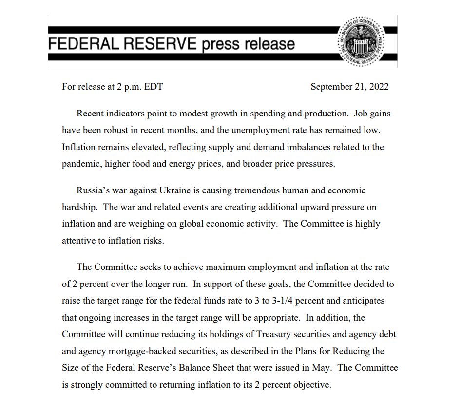 美联储FOMC决议：连续第三次加息75个基点 点阵图预期显著抬高