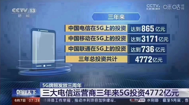 三大运营商在5G方面的投入。 图片来源：央视新闻截屏