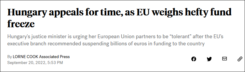美国ABC报道：欧盟考虑冻结巨额资金援助，匈牙利呼吁“给出时间”