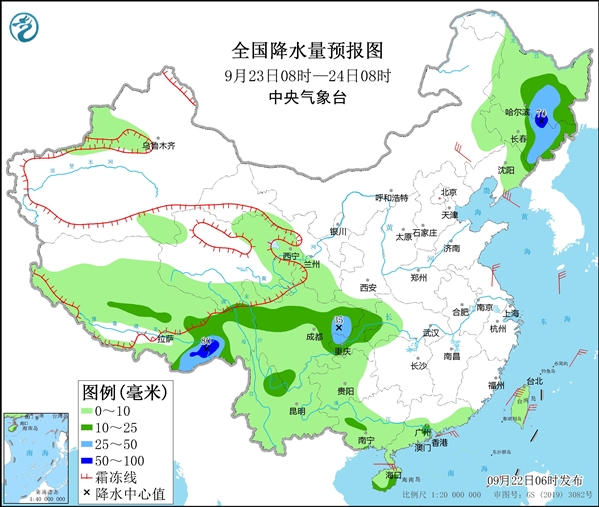 图3 全国降水量预报图（9月23日08时-24日08时）