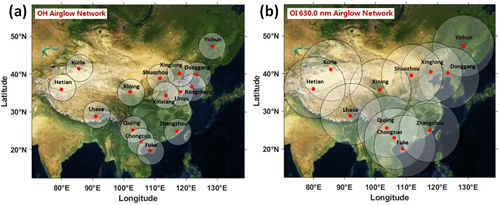 图1.双层气辉观测网: (a)OH 气辉观测网，(b)氧原子红光(OI 630nm)气辉观测网。