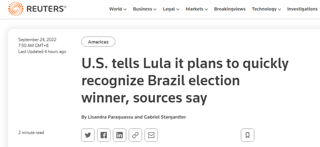 美被曝已向卢拉保证将“迅速承认”下月巴西大选结果