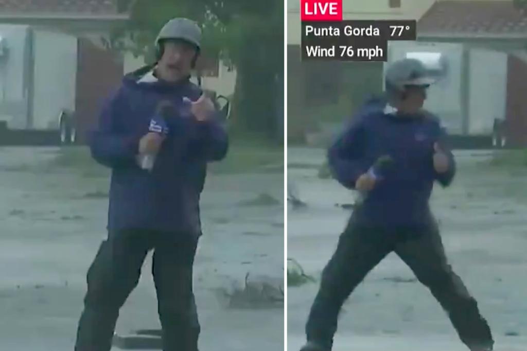 美国记者戴头盔直播飓风 听到打雷后吓坏急忙离开