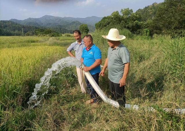 8月中旬，周口村“抗旱小分队”正在察看抽水管道。受访者供图