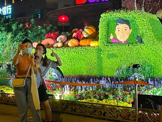 昨晚，华灯初上，在西单路口的各个花坛前，很多市民前来打卡。 北京晚报记者 程功摄
